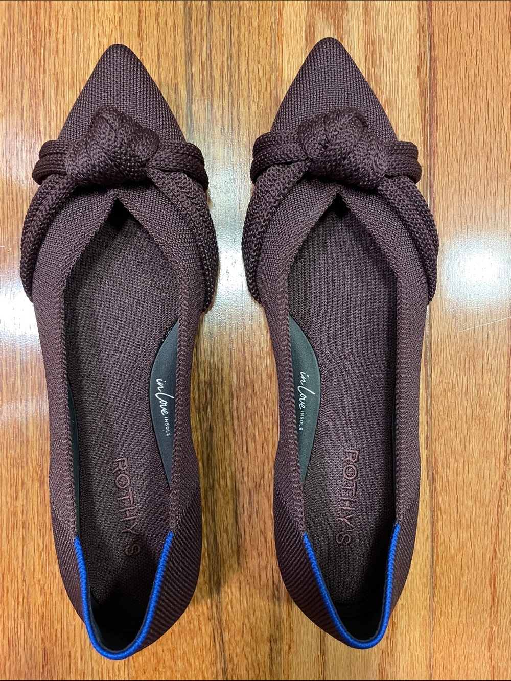 Rothy's Pointed Knit Knot Flat in Dark Plum w/ Blue Trim Never Worn